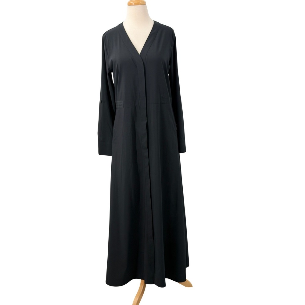 Soft Surroundings Black V-Neck Roll Tab Sleeve Button Front Maxi Dress Small
